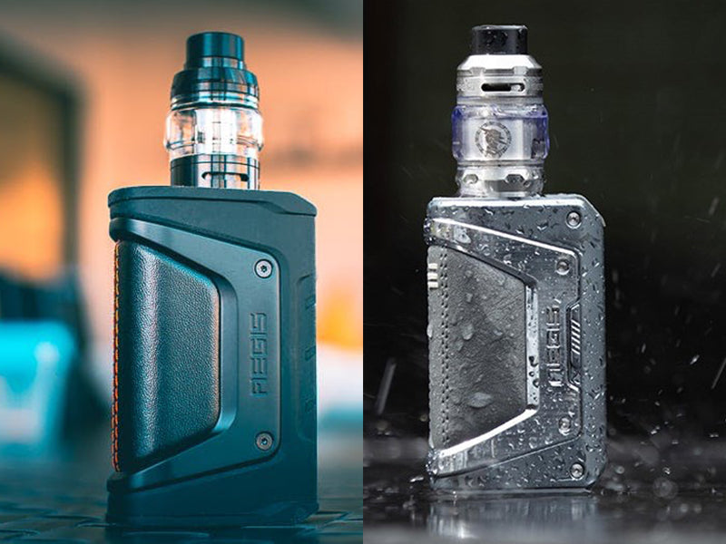 Zdjęcie porównujące Geekvape Aegis Legend 2 i Legend, podkreślające różnice w designie.